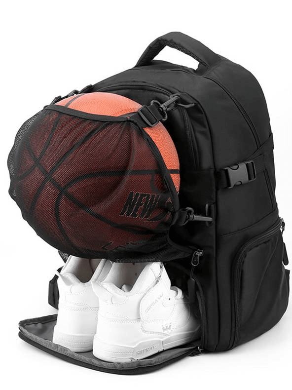 Black sports backpack with basketball in net pocket and white shoes in compartment, perfect for gym and outdoor activities.